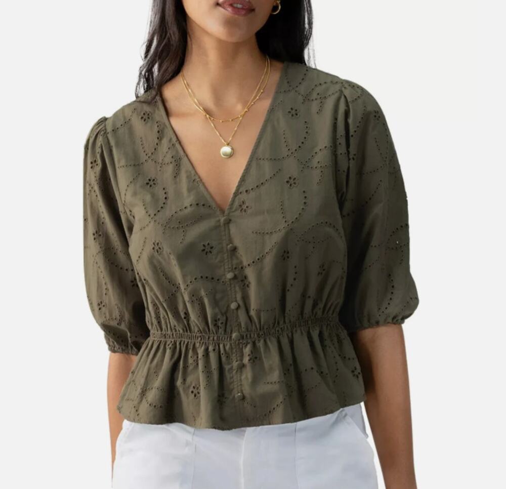 SANCTUARY TOP WOMENS SIZE XLARGE COTTON EYELET BUTTON FRONT BLOUSE GREEN NEW
